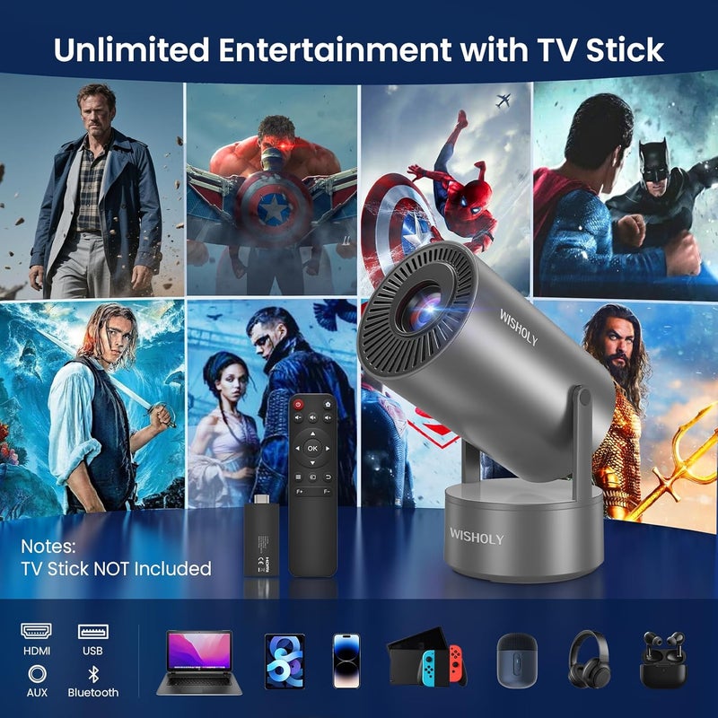 WISHOLY Projector with WiFi and Bluetooth, Mini Portable Projector with Built-in Rechargeable Battery for Outdoor, 1080P Supported, Electric Focus & Auto Keystone, Home Theater with 210° Mount - Image 5